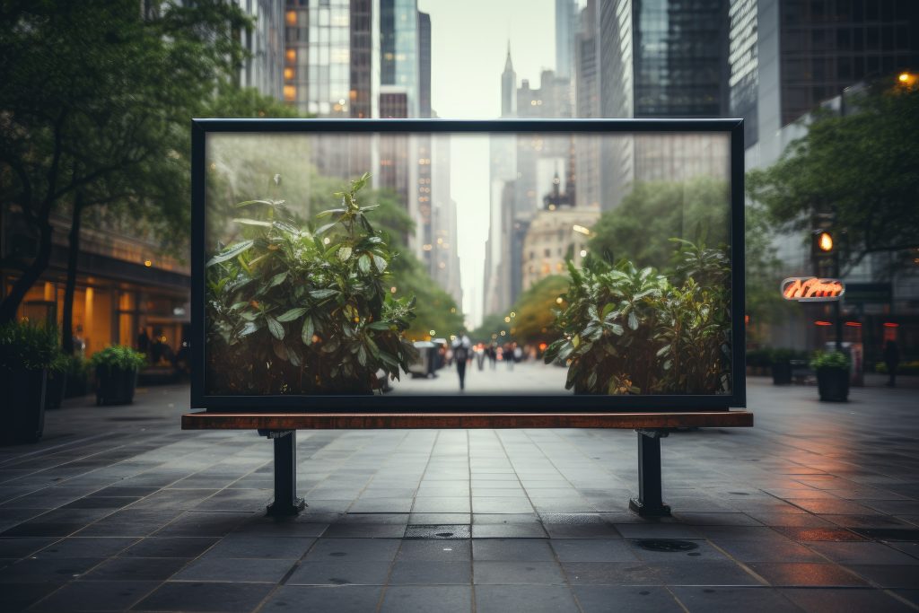 Digital signage board in a public place, ideal for customization. Generative AI.