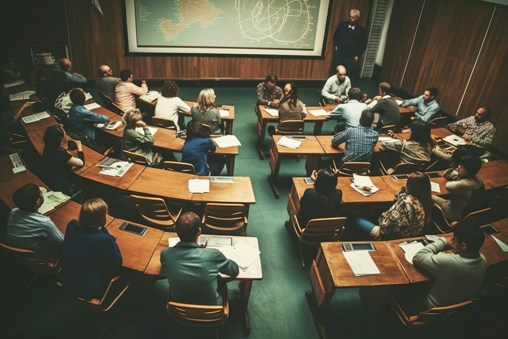 Lecture in a large university auditorium to a group of students aerial view. AI generated. Academic knowledge teaching lesson.