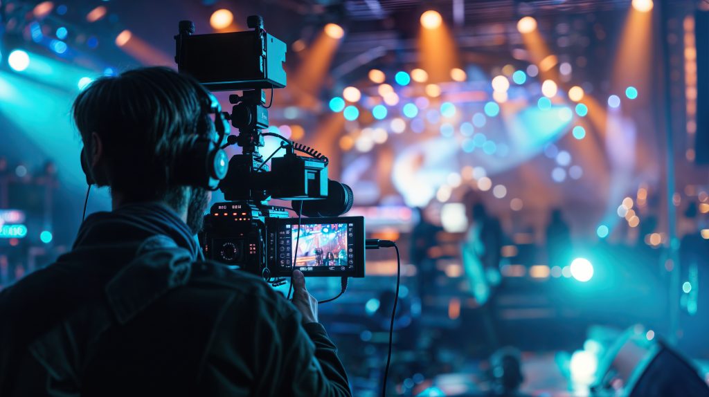 Professional videographer captures an exciting live concert, focusing on the performance with a high-definition camera amidst dynamic stage lighting and enthusiastic audience.